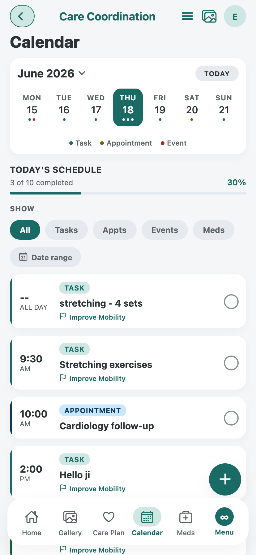 Careboundless shared calendar with appointments, medications and tasks
