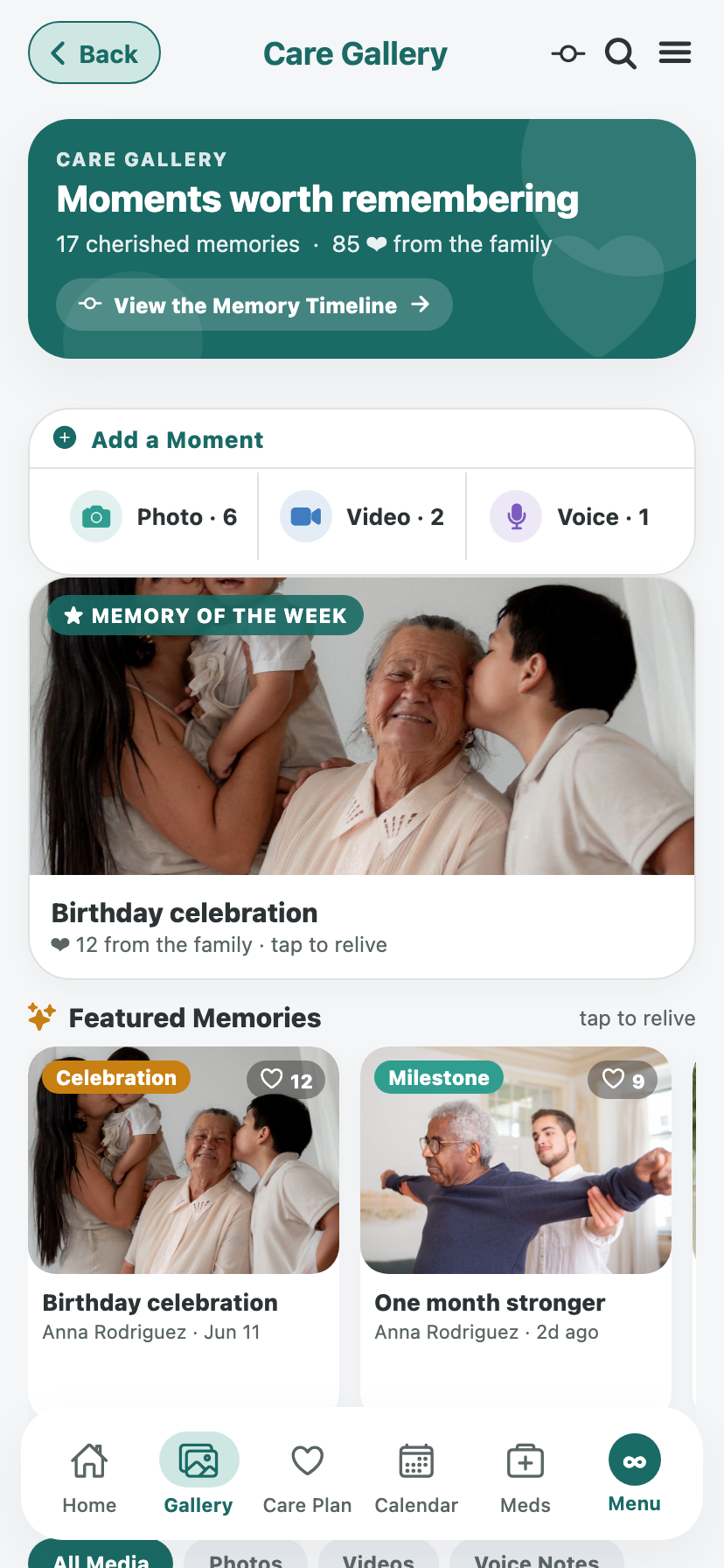 Careboundless care gallery: cherished memories, a memory of the week, and featured milestones the whole family adds to