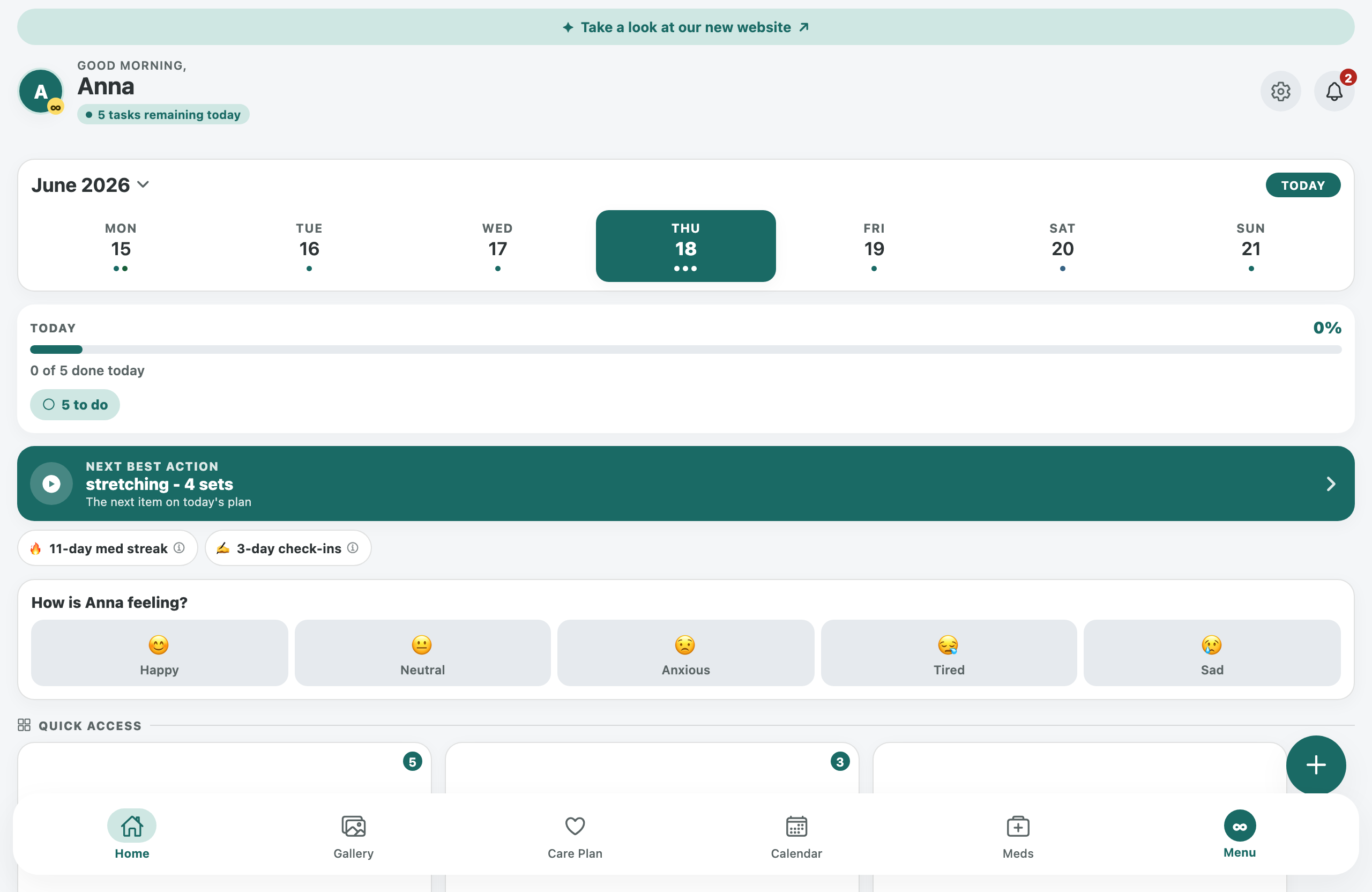 The Careboundless web app on a desktop browser — today's care plan for Anna, the week at a glance, and the family's shared check-ins