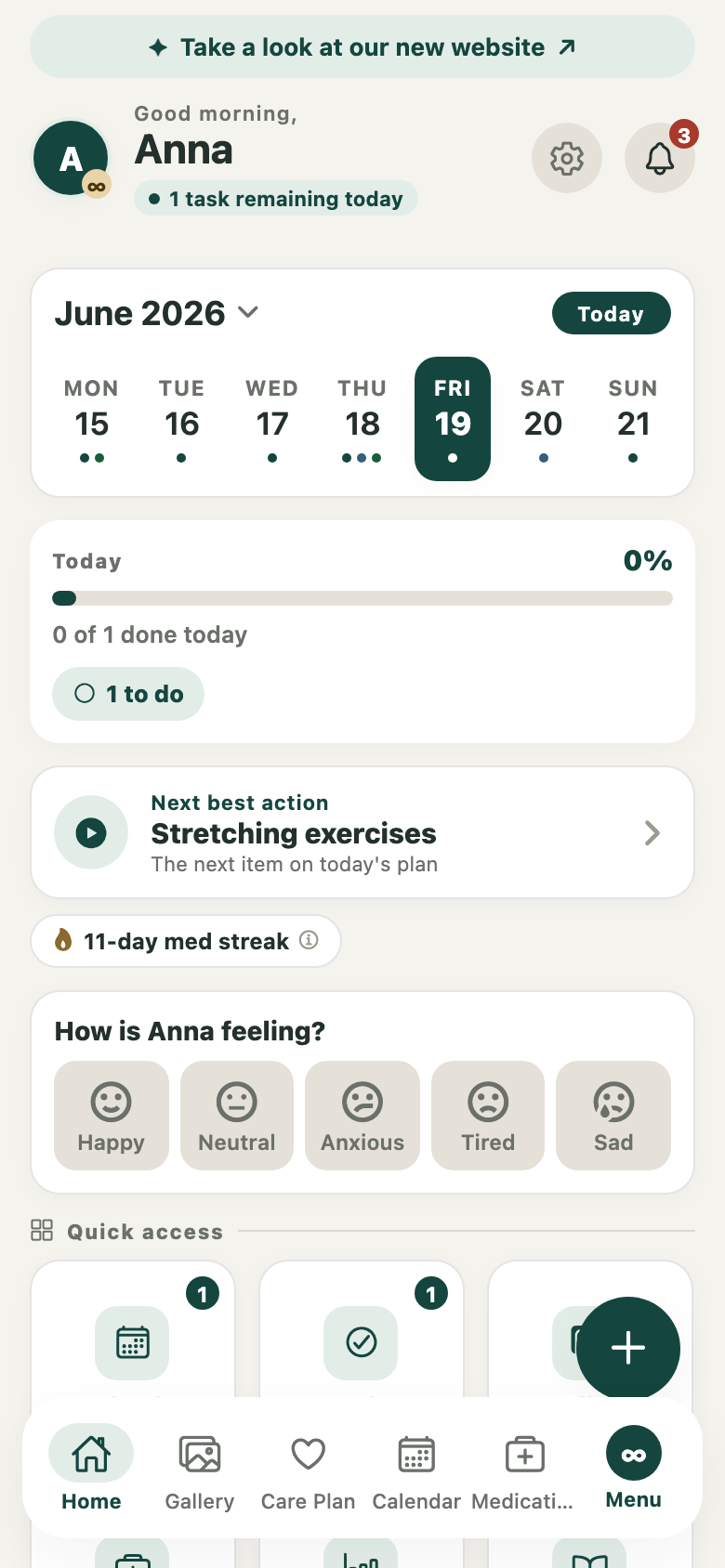 The Careboundless home screen: today's care plan for Anna, medication progress, an 11-day streak, and the family's shared check-ins