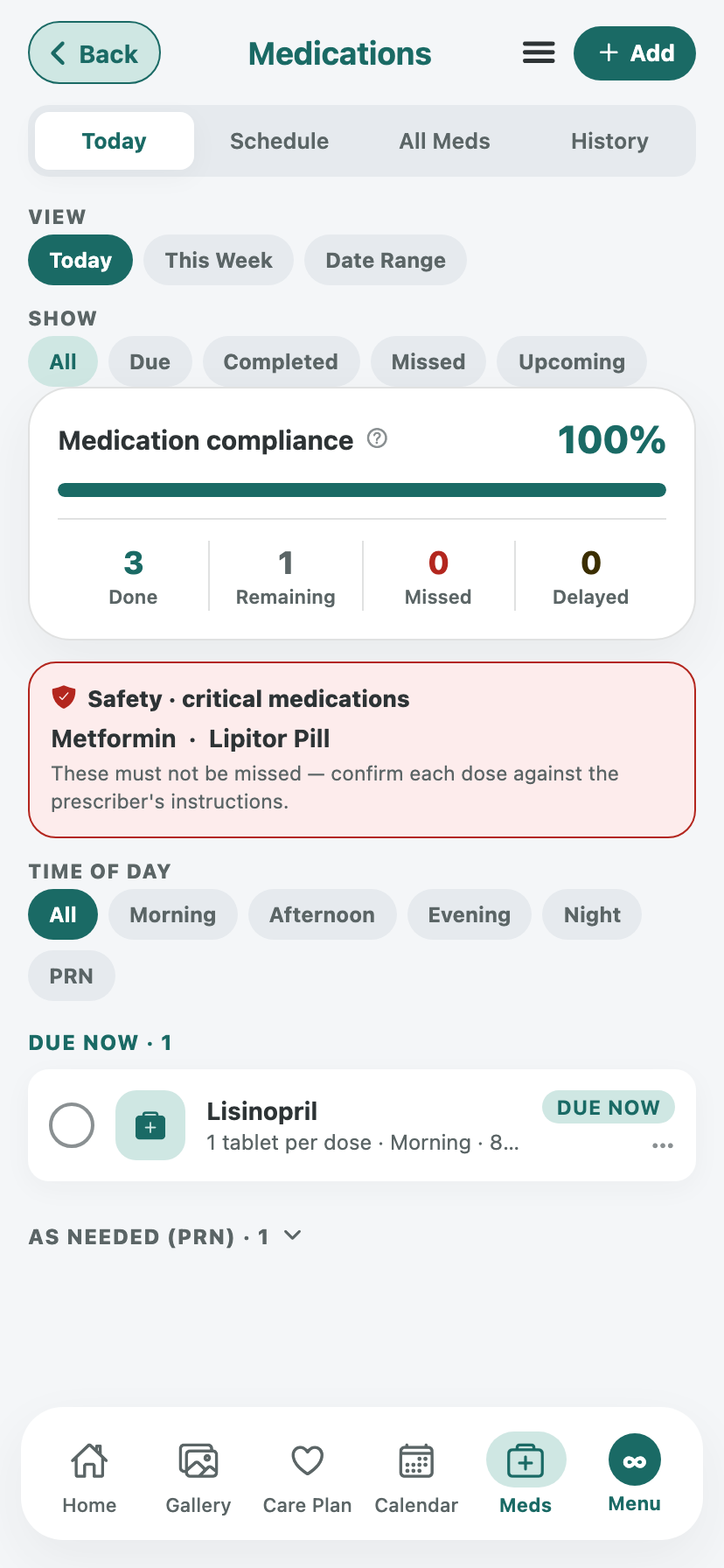 Careboundless medications screen: 100% compliance, today's doses by time of day, and a safety panel for critical medications