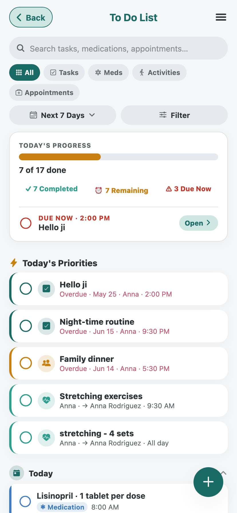 Careboundless to-do screen: shared tasks for the day, who they're assigned to, and what's already done