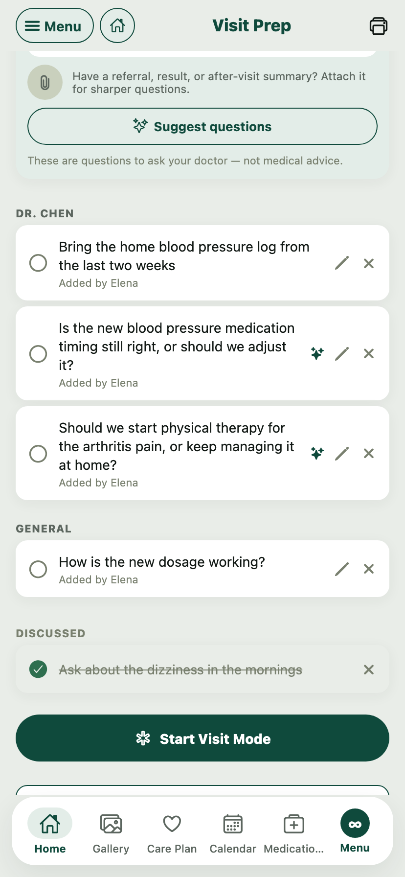 JourneyKin Visit Prep screen showing prep questions grouped by doctor for an upcoming cardiology visit, including AI-suggested questions and a discussed list